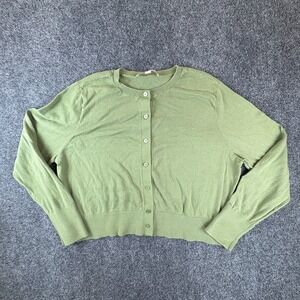 Loft Cardigan Sweater Womens XL Petite Green 100% Cotton Long Sleeve Crewneck